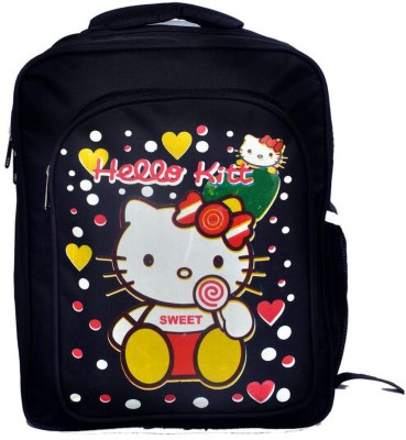 Craft Bazar Hello Kitty Print 3 Compartment School Bag with 1 Bottle Holder, For School Kids Backpack(Black, 20 L)