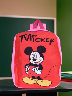 KUBER INDUSTRIES Disney Mickey Backpack|2 Compartment Stitched Velvet School Bag (Red & Pink) Backpack(Red, Pink, 15 L)