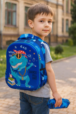 ZEVORA Kids Backpack Dinosaur Design with Pencil Stationery Pouch (Blue) Waterproof Shoulder Bag(Light Blue, 14 inch)