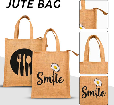 MW PRINTS Medium Eco-Friendly & Reusable Jute Bag, Multi-Purpose Daily Use Smile & Spoon Waterproof Lunch Bag(Brown, 1 L)