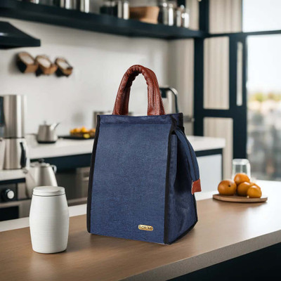 LOREM Blue-Tan Faux Leather & Linen PVC Cotted Fabric Tiffin + Picnic bag DB-TB07 Lunch Bag(Blue, 11 L)