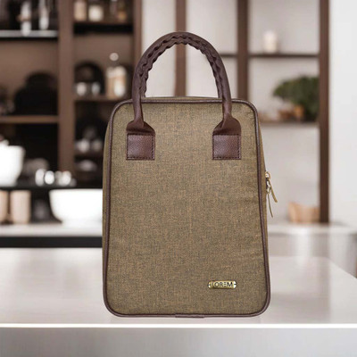 LOREM Khakhi-Chocolate Faux Leather & Linen PVC Cotted Fabric Tiffin bag DB-TB03 Lunch Bag(Mustard, 8.5 L)