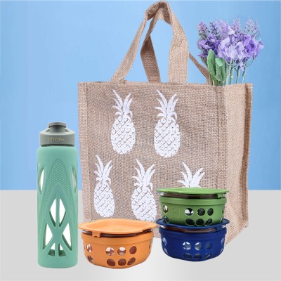 HOMESTIC Lunch Bag|Jute Fabric |Pineapple Print Hand bag with Handle ,Pack of 4 (Brown) Lunch Bag(Brown, 2 L)