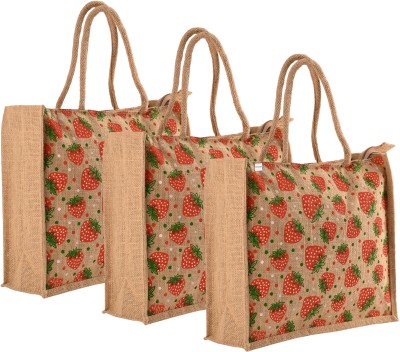 HOMESTIC Pack of 3 Jute Lunch Bags for Men/Women | Strawberry Print - Red & Brown Lunch Bag(Red, Brown, 18 L)