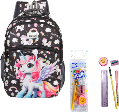 ZERUS Unicorn Print Kids Backpack Combo with Stationery Kit for Girls Boys Study Waterproof School Bag(Black, 20 L)