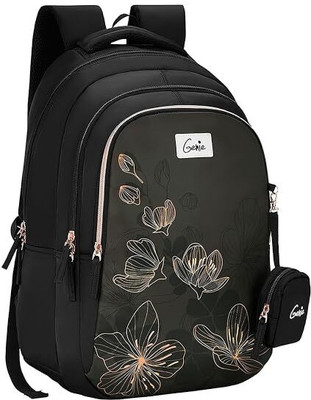 Genie Twinkle School Backpack for girls, 19” 3 compartment with happy pouch Waterproof School Bag(Black, 36 L)