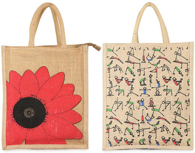 KITTI Eco Friendly| Lunch | Tota Jute Bag| Tiffin Bag With Zip Waterproof combo Waterproof Lunch Bag(Cream, Multicolor, 5 L)