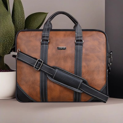 LOREM Tan & Black Color Faux Leather 10L Office Laptop Bag For Men & Women BG41 Waterproof Messenger Bag(Tan, 10 L)