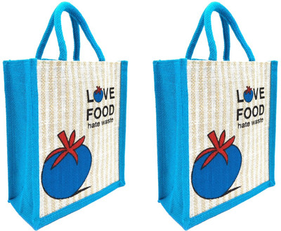 unity enterprise Jute Bag Love Food Stripe Jute Model for Multi-Purpose Use (SET OF TWO BAGS) Multipurpose Bag(Blue, 10 L)