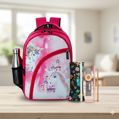 ZERUS Unicorn Print Backpack for Girls Kids Tuition Travel with Pencil Kit Combo Waterproof School Bag(Pink, 21 L)