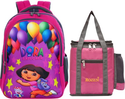 Rozen COMBO Dora School Bag +Lunch Bag School For 1st std-5th std Lightweight Waterproof School Bag(Pink, Multicolor, 38 L)