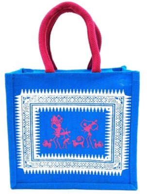 unity enterprise Jute Bag With Warli Print Multipurpose Bag(Light Blue, 10 L)