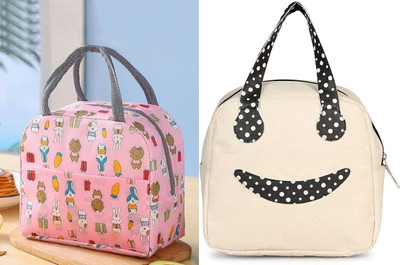 MS Unique Bags CREEM PLANE SMILY LUNCH BAG 3 L and PINK RABBIT 3 L LUNCH BAG Waterproof Lunch Bag(Cream, Pink, 3 L)