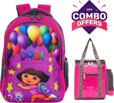 Myron Dora 1st/2nd/3rd/4th & 5th Class School Bag + Lunch Bag Combo for Girls Waterproof School Bag(Pink, Grey, 35 L)
