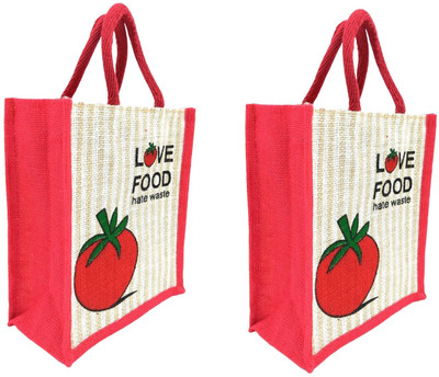 unity enterprise Jute Bag Love Food Stripe Jute Model for Multi-Purpose Use (SET OF TWO BAGS) Multipurpose Bag(Red, 10 L)