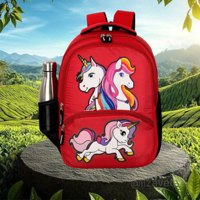 ZERUS Unicorn Fantasy Backpack for Girls 4 Zip Compartments Red Kids Bag Age 2–7 Yrs Waterproof School Bag(Red, 21 L)