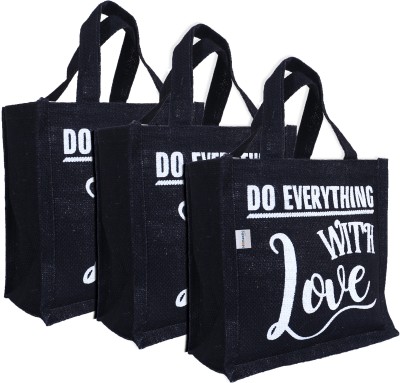 HOMESTIC Lunch Bag|Jute Fabric |Hand bag with Handle ,Pack of 3 (Black) Lunch Bag(Black, 2 L)