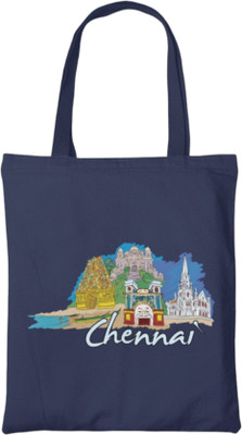 ElegantCrafts Chennai Landmarks Design Cotton Tote Bag with Colourful Scenic City Art Print Multipurpose Bag(Dark Blue, 6 L)