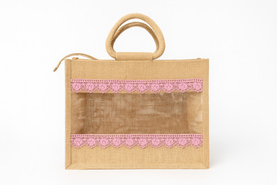 Panda Tales MultipurposeJute Bag with Front Display Window Multipurpose Bag(Pink, 5 L)