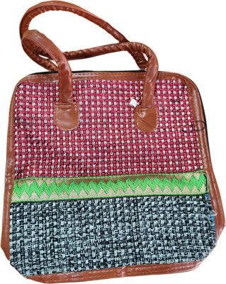 SSDINDMKT Woven Pattern Jute Tote Bag Waterproof Lunch Bag(Black, Maroon, 5 L)