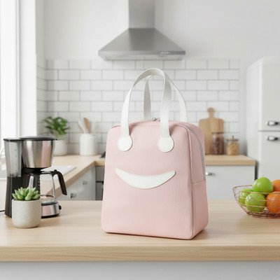 Zabby Allen Cute Smiley Insulated Lunch Bag for Girls, Women Pink Fabric Tote with Zipper Waterproof Lunch Bag(Pink, 11 L)