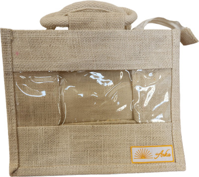 Arka Karigari Eco Friendly Jute Gift Hamper Bag with Front Transparent window Lunch Bag(Brown, 1 L)