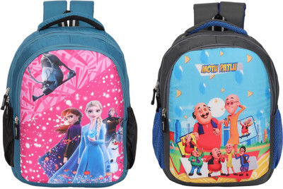 JUMRPAE New Frozen & MotuPatlu Character Printed Backpack (NUR/LKG/UKG/1st/2nd Class) Waterproof School Bag(Light Blue, Grey, 25 L)