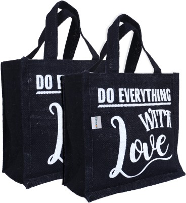 HOMESTIC Lunch Bag|Jute Fabric | Hand bag with Handle ,Pack of 2 (Black) Lunch Bag(Black, 2 L)