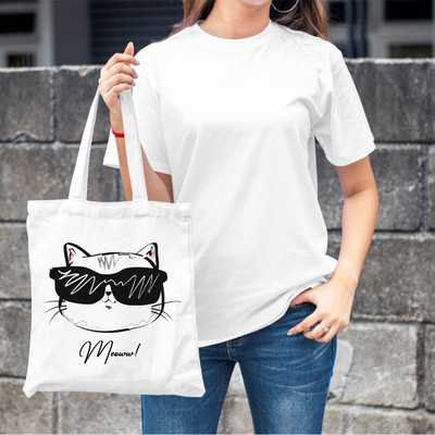 Print Ginnie Cool Cat Face Printed White Tote Bag for Women Shoulder Bag(White, 15 L)