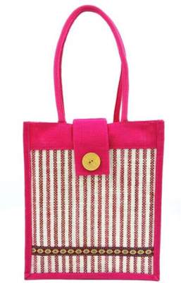 unity enterprise Jute Bag With Printed Stripes Multipurpose Bag(Pink, 10 L)