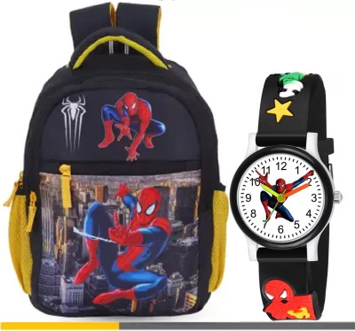 FLEXCY LEATHER Stylish Character Printed Spiderman (LKG/UKG/1st/2nd Class) & Analog Watch Waterproof School Bag(Black, 20 L)
