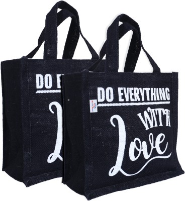 Heart Home Lunch Bag|Do Everything With Love Print Tiffin Carry Hand bag,Pack of 2 (Black) Lunch Bag(Black, 10 inch)