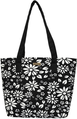 JELLIFY White Flower Pattern Printed Canvas Fatty Tote Bag For Women /Girls Waterproof Shoulder Bag(Black, 5 L)