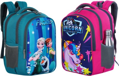 Myron Frozen + Unicorn 1st/2nd/3rd/4th & 5th Class Light weight for Girls Waterproof School Bag(Pink, Light Blue, 35 L)
