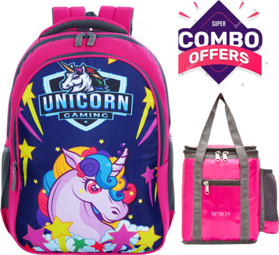 Myron Unicorn 1st/2nd/3rd/4th & 5th Class School Bag + Lunch Bag Combo for Girls Waterproof School Bag(Pink, 35 L)