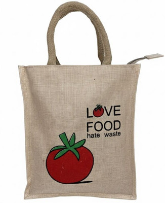 WhyCraft Eco-Friendly Jute Tote – “Love Food Hate Waste” Tomato Print Bag Lunch Bag(Beige, 10.8 L)