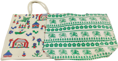 Puri Handicraft Jute bag shantiniketan style spacious printed design eco-friendly (PACK OF 2) Multipurpose Bag(White, 7 L)