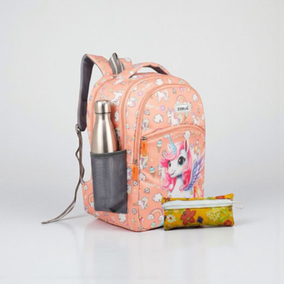 ZERUS Stylish Unicorn Travel & Tuition Backpack for Girls with Side Pocket Waterproof School Bag(Orange, 22 L)