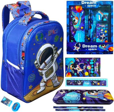 Prezzie Villa 8pcs Space Bagpack Combo Pencil Box, Pencil, Crayons, Eraser, Ruler Sharpener Waterproof Backpack(Multicolor, 13 inch)