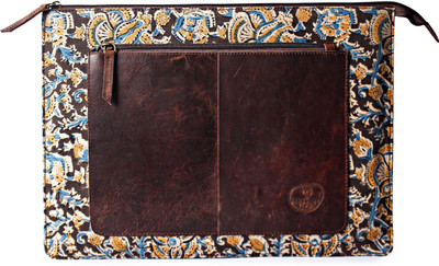 The Leather Warehouse Cotton kalamkari laptop sleeve with front pocket made for charger best for MacBook Pro 13 MacBook Air 13 with free personalization. Laptop Bag(Blue leather stitch)
