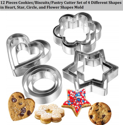 ZIRAK Stainless Steel 12 pcs Cookies/Biscuits/Pastry Cutter Set of 4 Different Shapes Cookie Cutter(Pack of 12)
