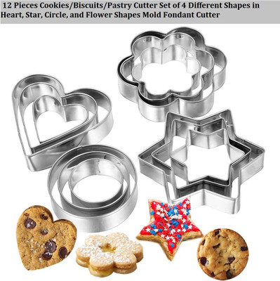 ZIRAK Cookies/Biscuits/Pastry Cutter 4 Shapes in Heart, Star, Circle, and Flower Mold Cookie Cutter(Pack of 12)