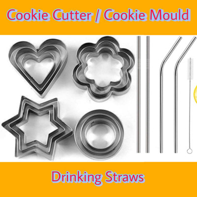 kayru Stainless Steel 4 Different Shape Cookie Cutter And Stainless Steel Straw Combo Cookie Cutter(Pack of 12)