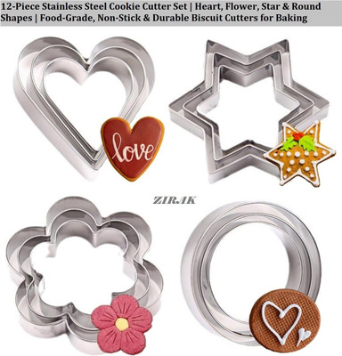 ZIRAK Stainless Steel Cookie Cutter | Heart,Flower,Star,Round Shapes | Biscuit Cutters Cookie Cutter(Pack of 12)