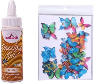 TastyCrafts Cake Combo of Dazzling Glo Golden and Mixed Colour Butterfly Small Pre-Cut Wafer Paper | Edible | Food Colour for Cake Décor Topping(150 g, Edible)