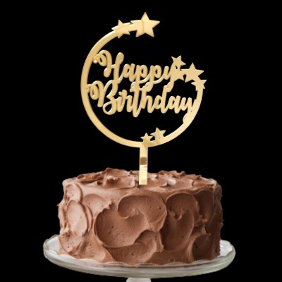 Party Decorz Happy Birthday Cake Topper| 5 Inch Happy Birthday Round Star Cake Topper(Gold, Pack of 1)