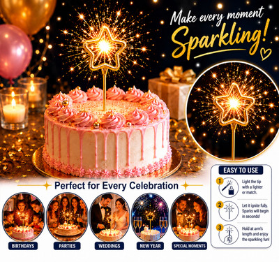 Vamesco Star Firework Sparkling Cake Toppers – Romantic Sparkler Candles for Cakes Cake Topper(Golden Pack of 1)