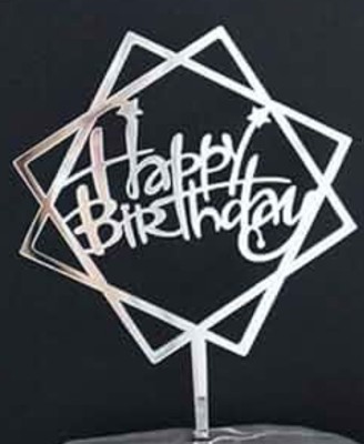 NandN Happy Birthday Shiny Mirror Finish Square Cake Topper(Silver Pack of 1)