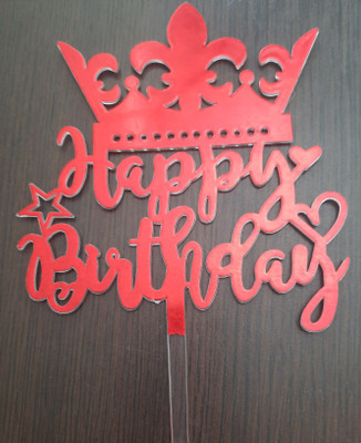 NandN Happy Birthday Shiny Mirror Finish Crown Cake Topper(Red Pack of 1)