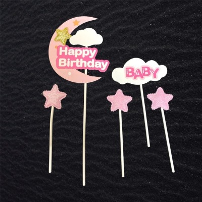 Bakewareind Happy Birthday Baby Shower Moon Star Decorating Cake Topper Cake Topper(PINK Pack of 5)